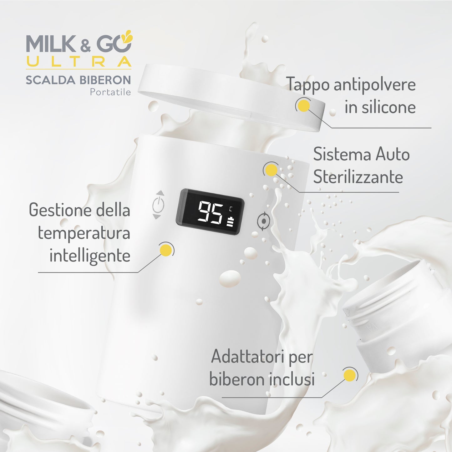 DAHEMA - Milk & Go ULTRA - Scaldabiberon Portatile da Viaggio con Boccia Termos Integrata - Auto-Sterilizzante. Ricaricabile a Casa, in Auto e con Power Bank.